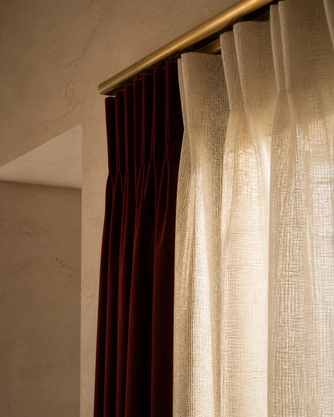Close detail of an ivory textured sheer and burgundy curtain on a brass track