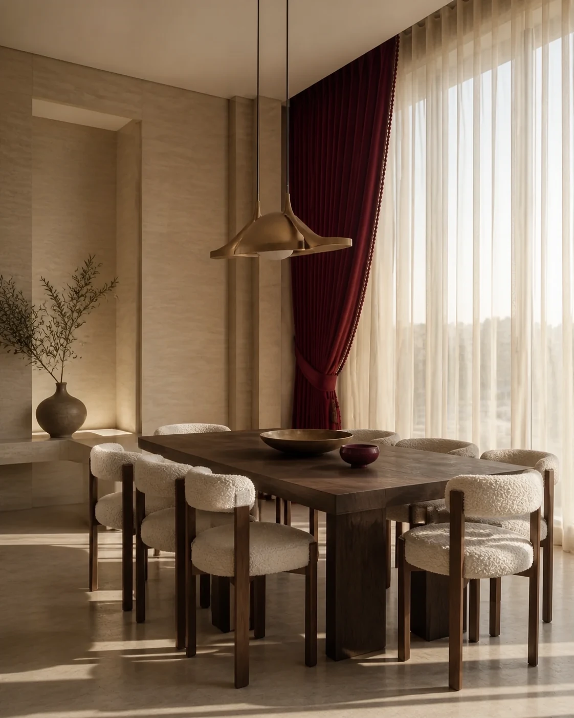 Walnut dining table with six tailored ivory chairs beside layered curtains