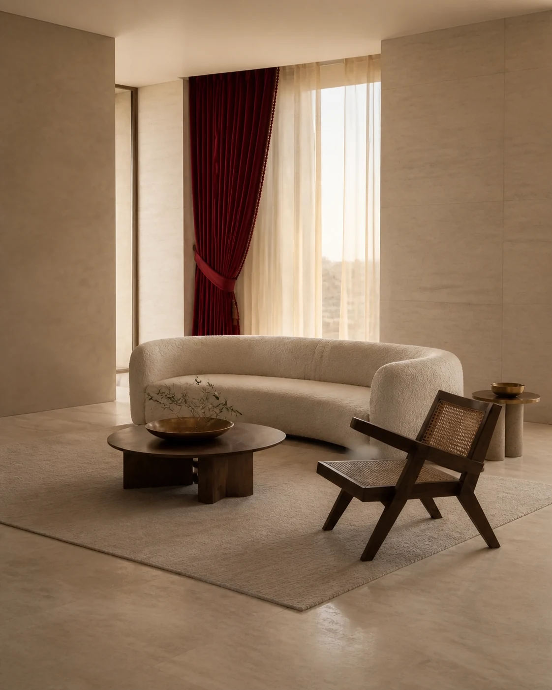 Ivory curved sofa, walnut lounge chair and low coffee table in a premium living room