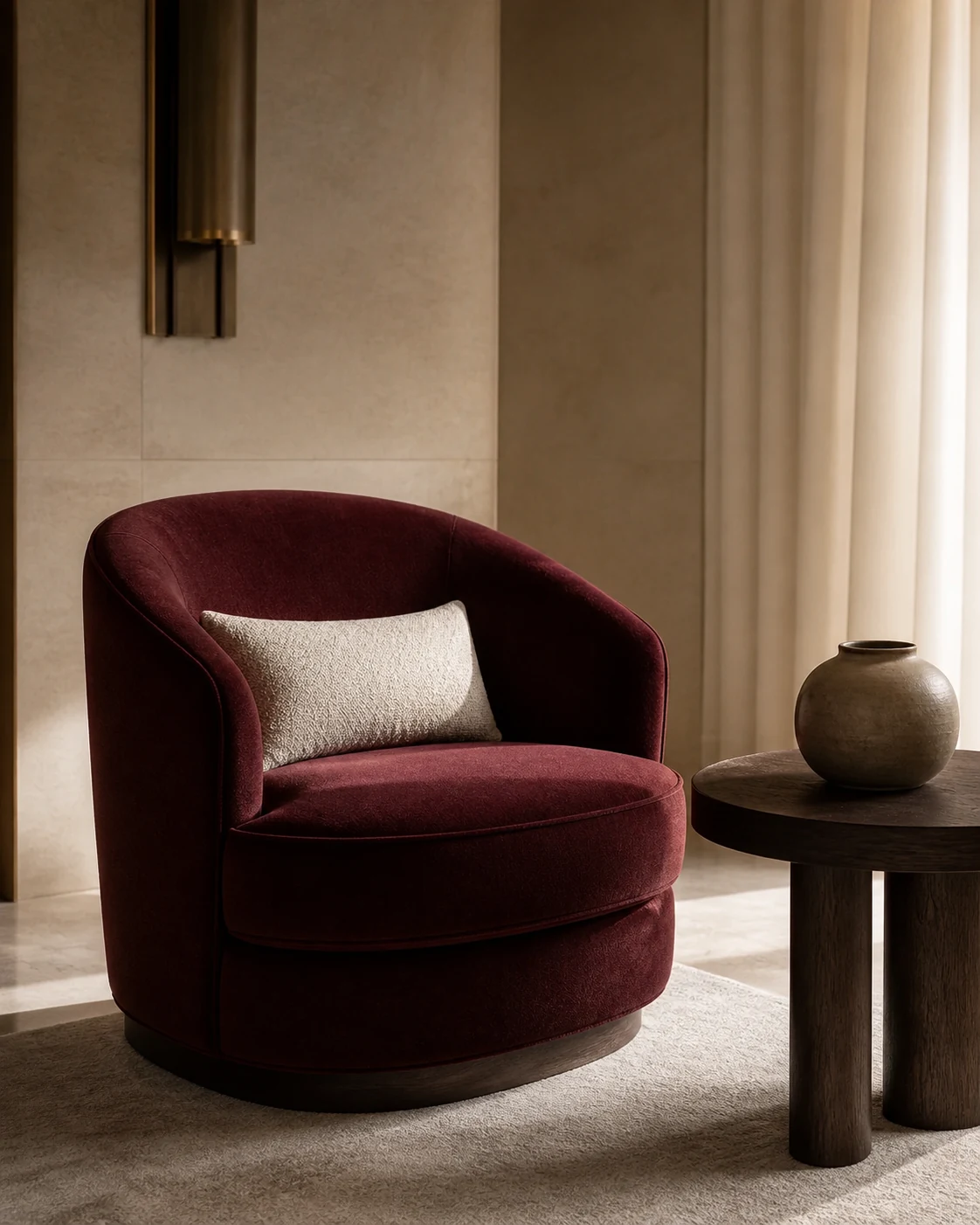 Deep burgundy velvet lounge chair in a warm limestone room
