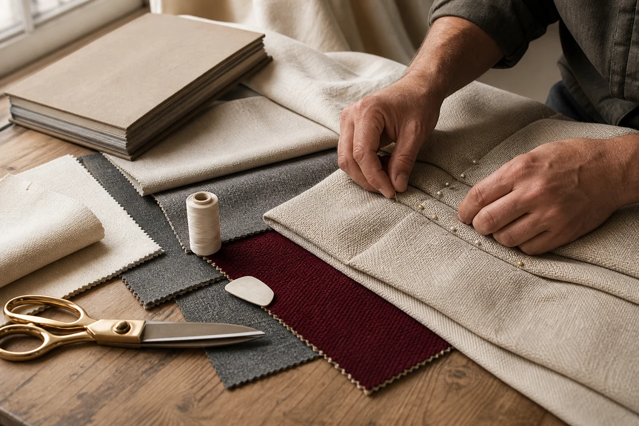 Artisan working by hand with upholstery fabric and tailoring tools