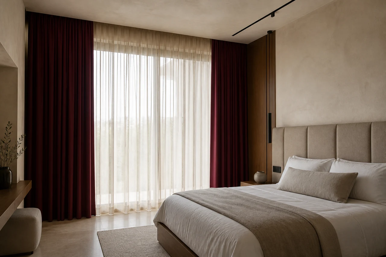 Serene bedroom with layered burgundy and ivory curtains