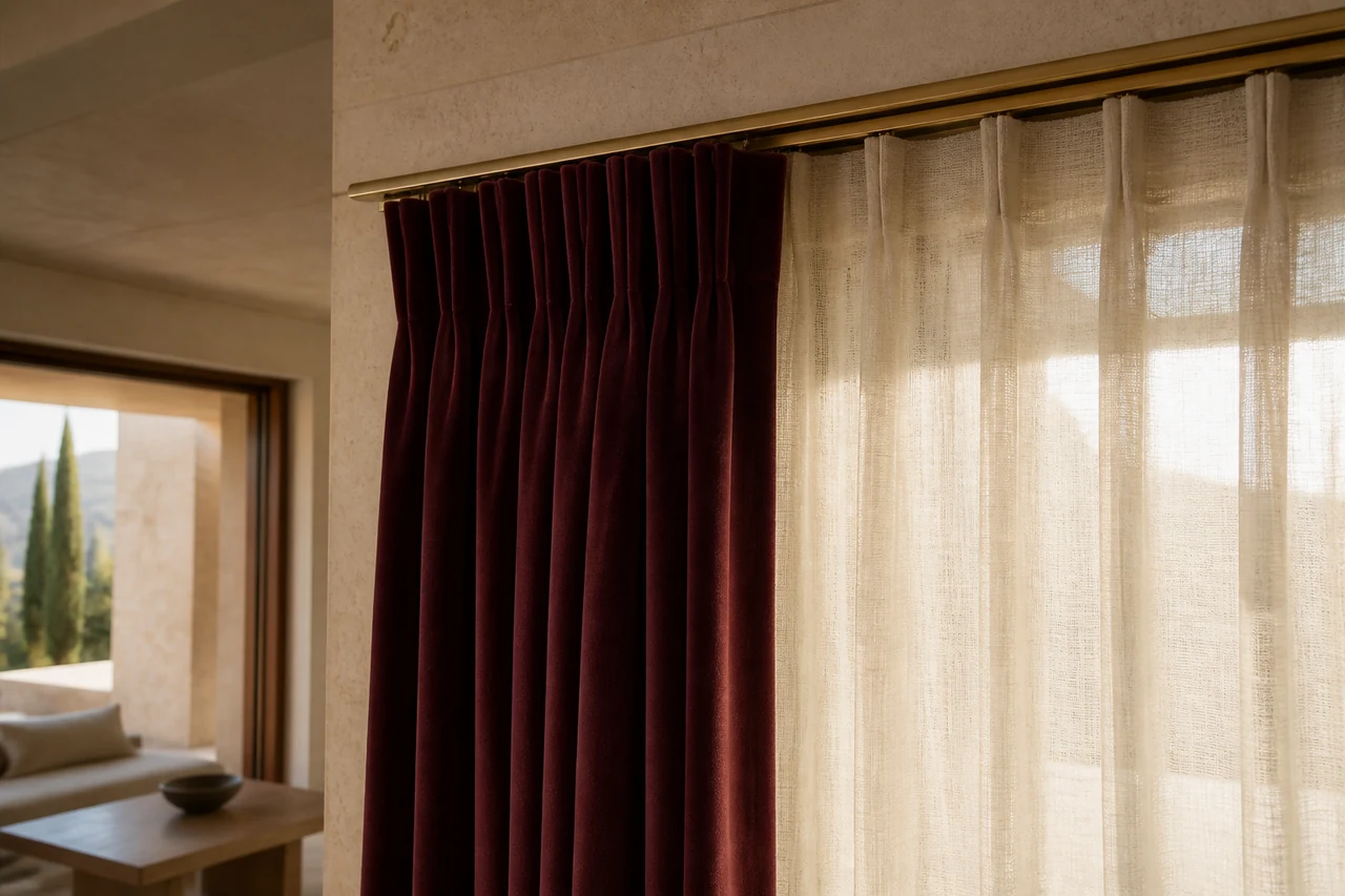 Burgundy velvet curtain layered with an ivory sheer