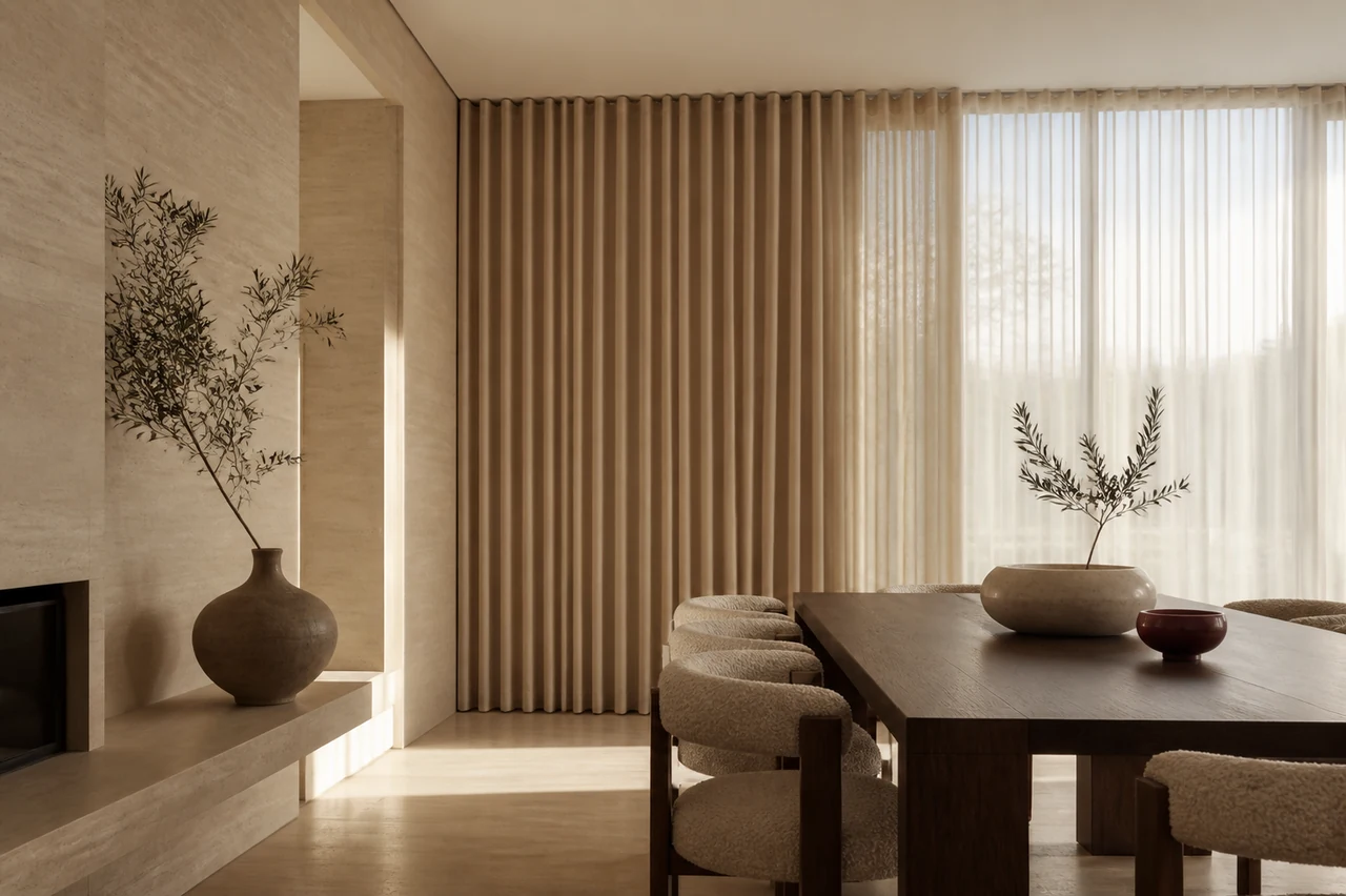 Dining room with precision installed wave curtains