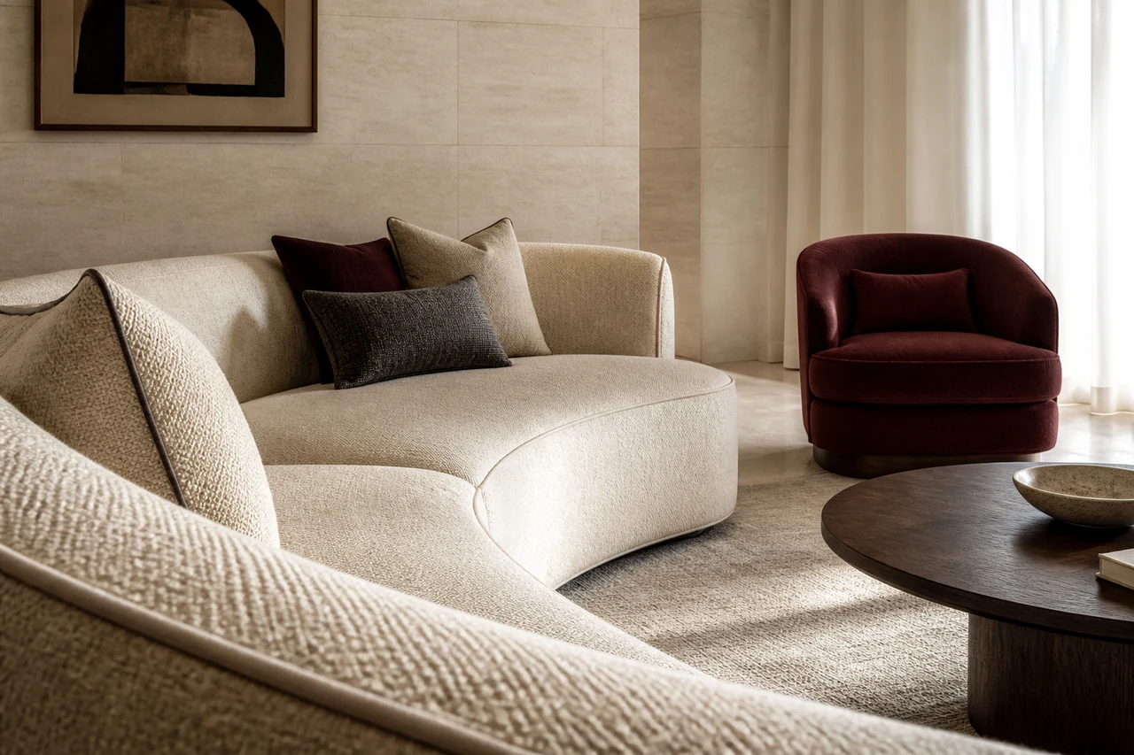 Curved upholstered sofa and burgundy lounge chair